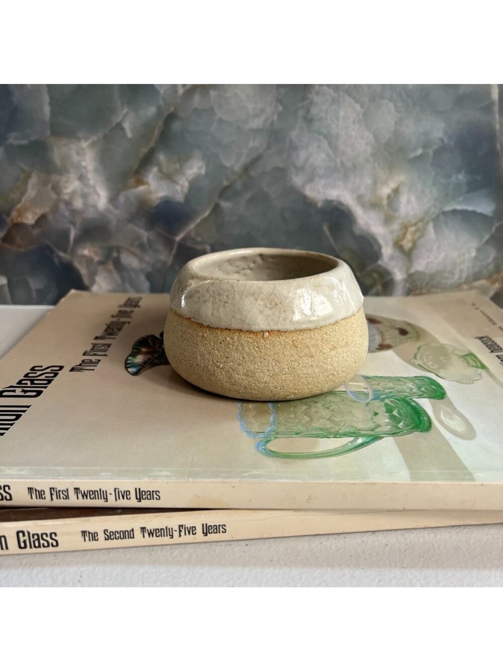 Studio Pottery Small Bowl Speckled Stoneware Ivory Half Glazed 3.5 x 2.2 in